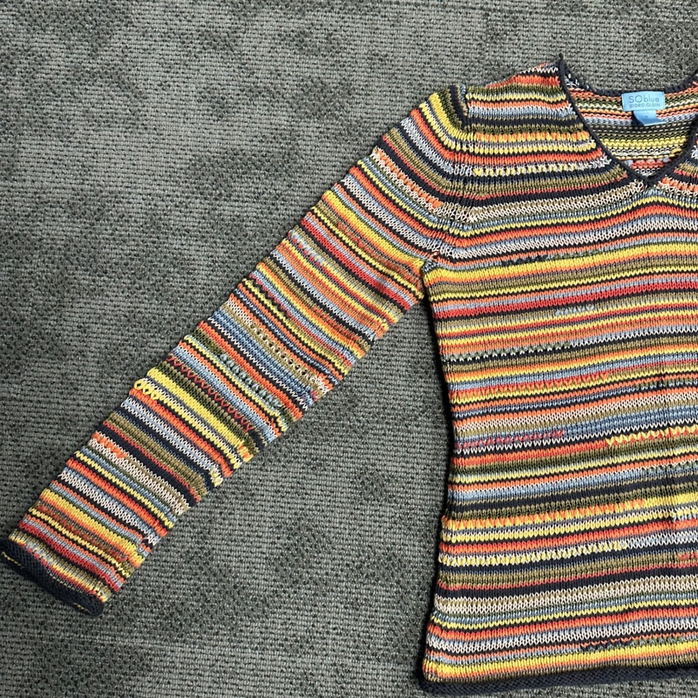 Sigrid Olsen SO Blue Multi Color Striped V-Neck Knit Sweater Womens Medium - Picture 3 of 8